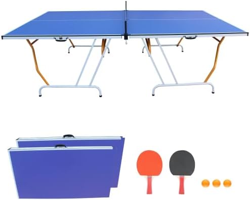 Rakon Table Tennis Table, 9×5 Foldable & Portable Ping Pong Table Set with 2 Table Tennis Paddles, 3 Balls and Net for Indoor Outdoor Game, Blue