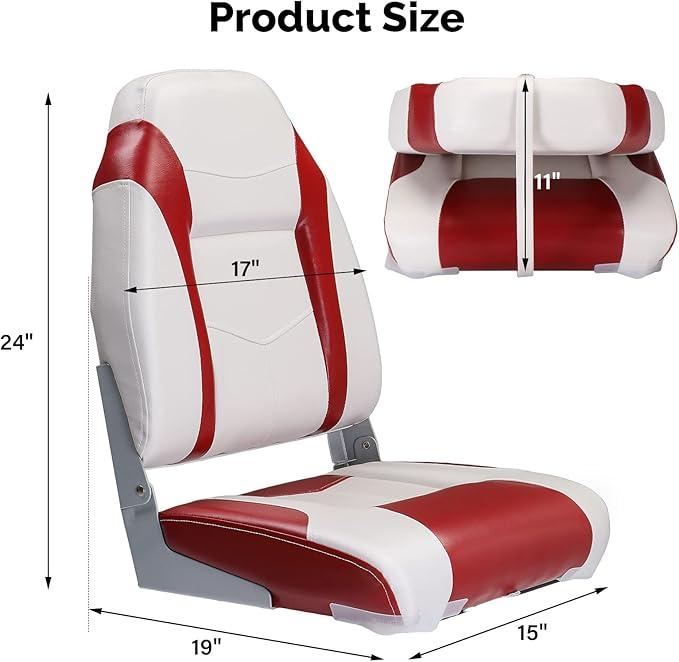 PEXMOR Boat Seats Low/High Back, Folding Boat Seat Included, Fold-Down Fishing Boat Seats Waterproof Captain Boat Seat w/Aluminum Hinges & Thick Soft Cushion, 2 Packs (High Back-Red & White)