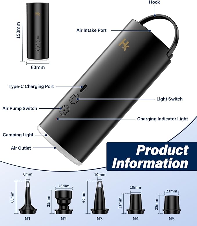 HK Air Pump for Inflatables, Air Mattress Pump 4000mAh Battery & Camping Light, USB Rechargeable Electric Mini Air Pump Inflate Deflate for Pool Floats, Vacuum Storage Bags