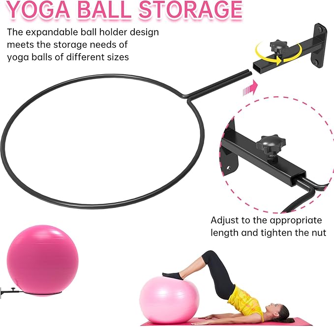 Universal Wall Mounted Yoga Ball Holder 12 Inch, Adjustable Metal Exercise Ball Storage Rack for 14-30 Inch Stability Balls, Stability Ball Holder for Home Gym/Garage (2pack)