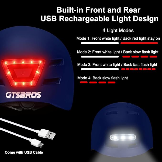 Bike Helmets for Adults - Front and Rear LED Lights Adjustable Bicycle Helmet for Adults Men Women Scooter Helmet for Commuting, Road Biking, Skating, Scooter