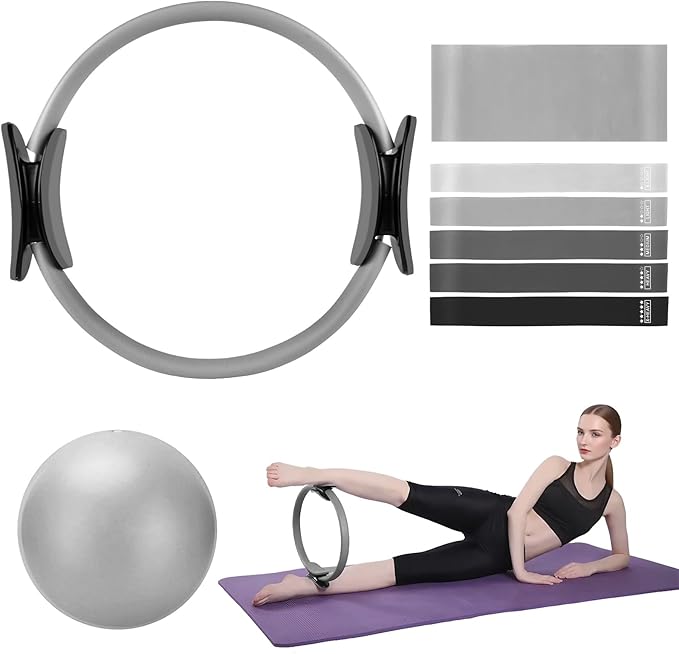 TOPZGLEEY Pilates Ring Set โ 14" Anti-Deformation Magic Circle with Padded Handles, Mini Ball, 5 Resistance Bands, Guide, Pilates Equipment for Home Workout