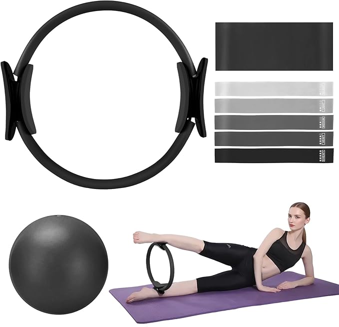 TOPZGLEEY Pilates Ring Set โ 14" Anti-Deformation Magic Circle with Padded Handles, Mini Ball, 5 Resistance Bands, Guide, Pilates Equipment for Home Workout