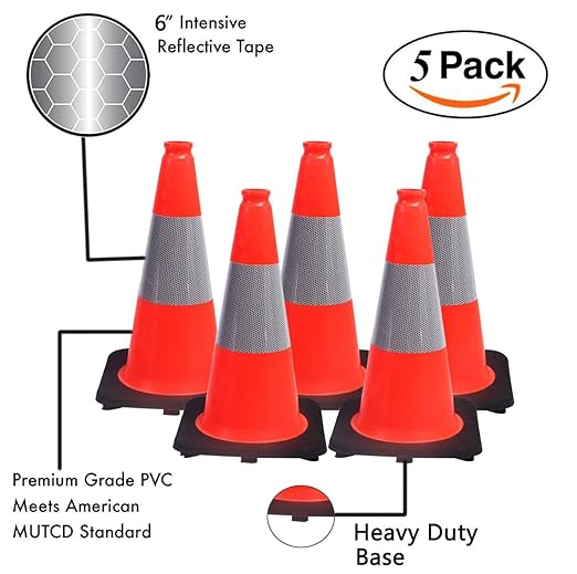 (5 Cones) BESEA 18" inch Orange PVC Cones Traffic Safety Cones Black Base Construction Road Parking Cone with 6" Reflective Collar