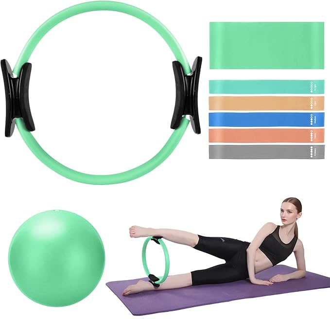 TOPZGLEEY Pilates Ring Set โ 14" Anti-Deformation Magic Circle with Padded Handles, Mini Ball, 5 Resistance Bands, Guide, Pilates Equipment for Home Workout