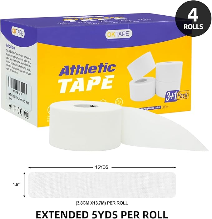 OK TAPE Athletic Sports Tape(4 Packs) - 45ft Per Roll Very Strong Tape for Athlete & Sport Trainers & First Aid Injury Wrap, Perfect for Fingers Ankles Wrist on Bat, Hockey Stick - White