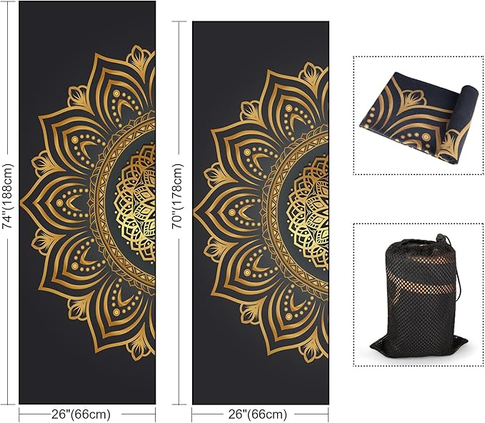 Colorful Star Yoga Towel with Corner Pockets, Non Slip Grip Dots Sweat Absorbent Hot Yoga Mat Towels, Soft Yoga Blankets with Travel Bag, Mat Cover for Workout, Gym, Fitness - 70"x26", Gold Mandala