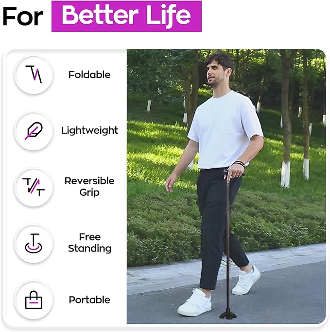 Walking Cane for Men and Women, Extended Handle; Solid Base; Foldable; Adjustable Heights; Lightweight; Heavy-Duty Canes for Seniors (Black)
