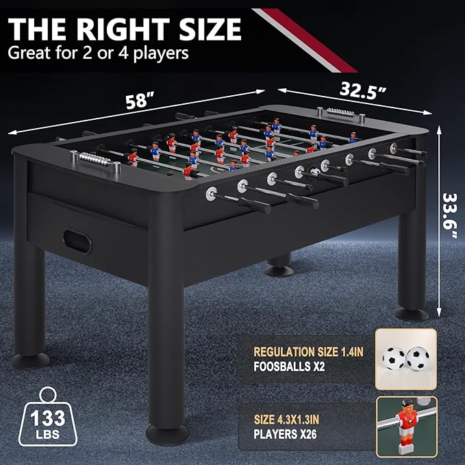 58 Inch Foosball Table, Full Size Competition Soccer Game Table for Adults & Kids, Heavy-Duty Indoor Arcade Table for Game Rooms & Parties (Black)