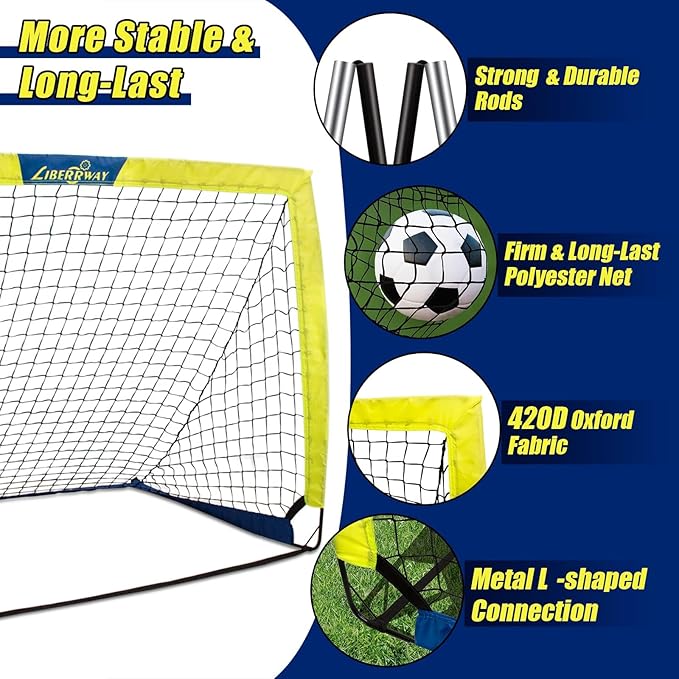 LIBERRWAY Soccer Goal 4'x 3' Portable Kids Soccer Goals for Backyard or Indoor Pop Up Soccer Net with 6 Training Cones, Carrying Bag, 8 Ground Stakes