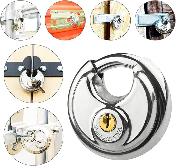 70MM Discus Padlock with Same 3 Brass Keys,304 Stainless Steel Disc Lock with Brass Gallows to Prevent Rusting,Thick Sturdy Hook to Prevent Picking.4 Pack-XZJYYF