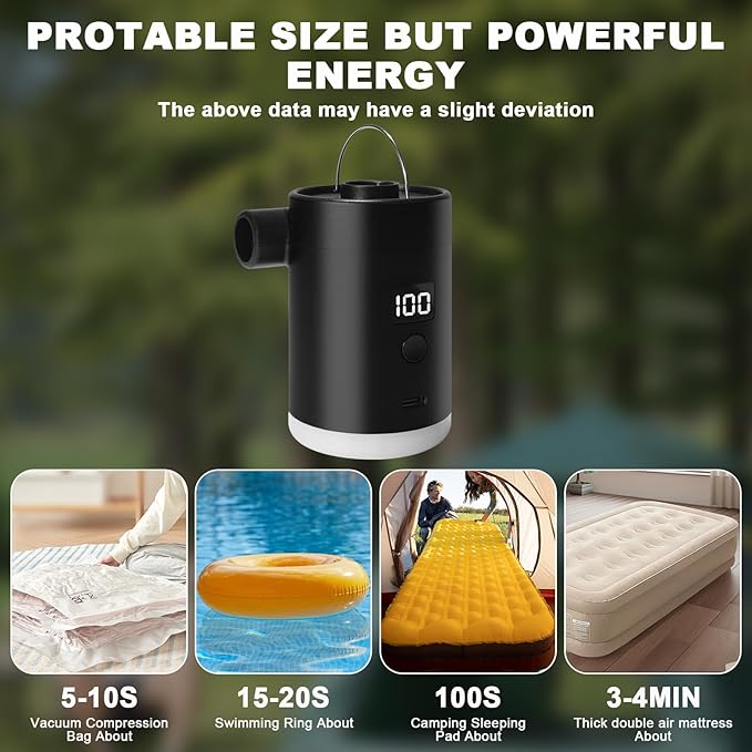 Portable Air Pump for Inflatables: Type-C Rechargeable with 4000mAh Battery Lightwight Ultra-Fast Inflate Deflate Electric Air Pumps with Camping Light for Sleeping Pads, Pool Toys, Floats