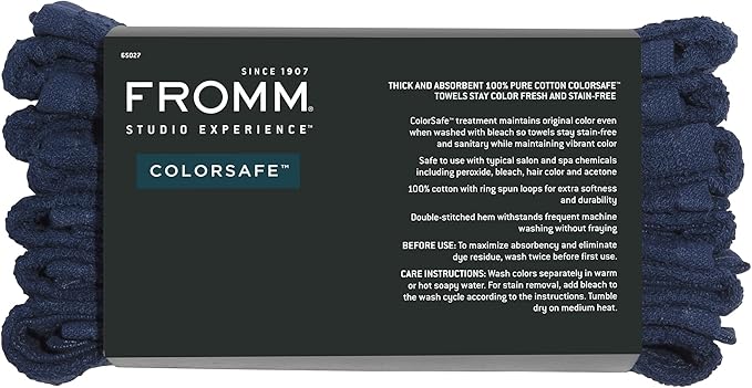 Fromm ColorSafe 100% Cotton Bleach Proof Salon Hair Towels, for Hairstylists, Barbers, Spa, Gym, Absorbent and Stain-Resistant Navy Blue Towels for Drying Long, Curly, Wavy Hair, 16" x 29",6 Pack