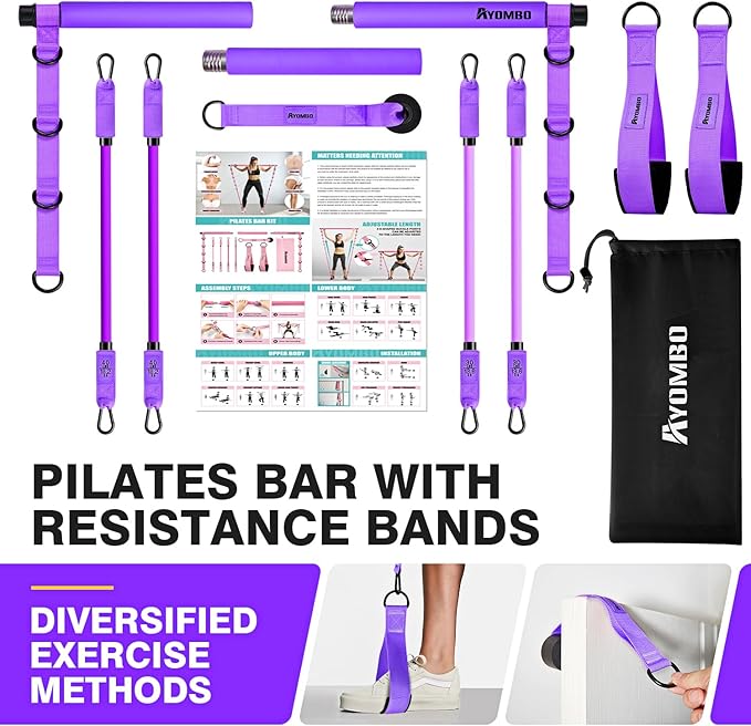 Pilates Bar Kit with Resistance Bands, Pilates Workout Equipment for Legs, Hip, Waist, Arm, Squats Exercise Equipment for Home Workouts, Adjustable 3-Section Pilates Bar Kit for Women & Men