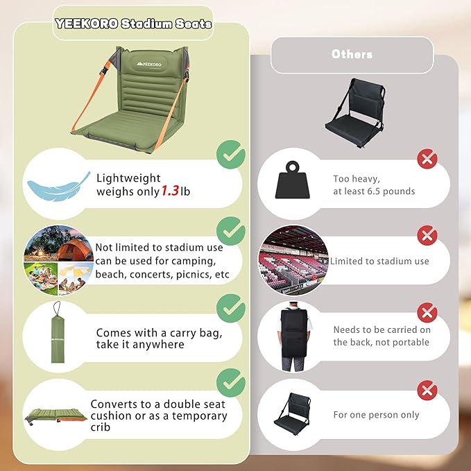 Inflatable Stadium Seats, Portable Bleacher Seat with Back Support, Foldable and Lightweight Chairs for Sporting Events/Camping, Stadium Seats with Storage Bag Lounge Chair