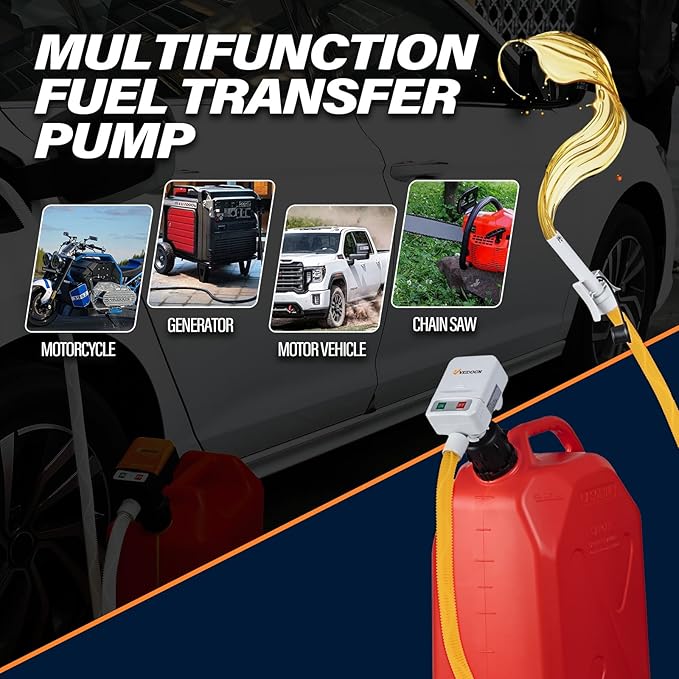 Automatic Fuel Transfer Pump with Auto-Stop, 51'' Extra Long Hose, 3.2 Gallon per Min, Fast and Safe Portable Gas Can Pump for Oil,Battery or USB Powered, 4 Can Adapters,Diesel,Gasoline (Gray)