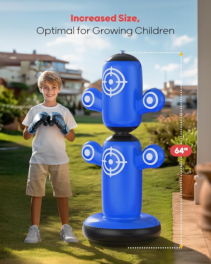 QPAU 360° Rotatable Punching Bag for Kids, Lager 64” Kids Punching Bag with Gloves, Hand Pump & 6 Targets, Bop Bag Inflatable Punching Toy, Karate Gifts for Boys, Girls