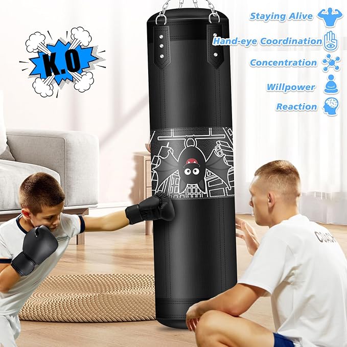 Kids Punching Bag Set, 2.75ft Filled Heavy Bag Kickboxing Bag with 2KG Sponge & 6oz Gloves, Hanging Boxing Bag for Kids Youth Boxing, MMA, Muay Thai, Karate, Martial Art, Home Gym Training