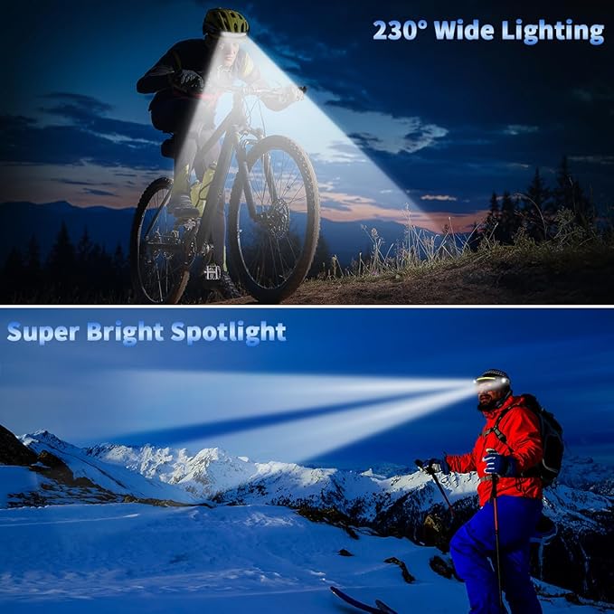 Headlamp Rechargeable 5Pack, 230° Wide Beam Head Lamp with 2 Spotlights, LED Headlamp with Motion Sensor, 5Mode Rechargeable Headlamp, Head Lights for Forehead, Headlamps for Adults Running Hard Hat