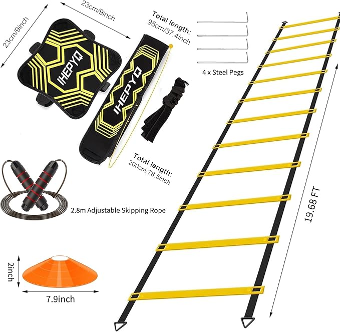 Soccer Agility Training Equipment Set, 12 Rung 20Ft Agility Ladder, 12 Disc Cones, 4 Steel Stakes, Solo Soccer Trainer, Jump Rope - Speed Training Equipment for Soccer Football Basketball