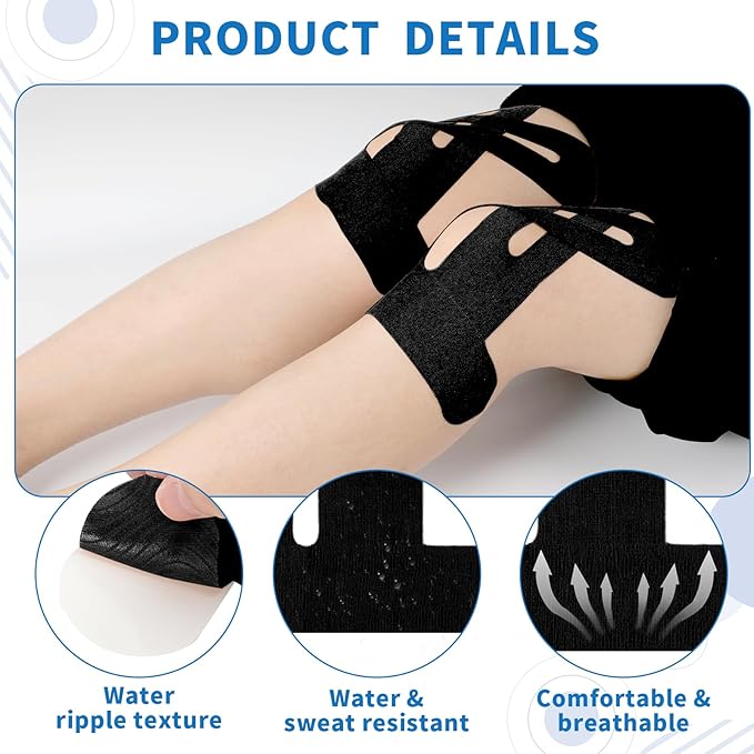 10PCS Kinesiology Tape for Knees, Kinesiology Tape Precut Strips for Knee Support & Stability, Waterproof Breathable Elastic Sports Tape for Pain Relief, Athletic Tape for Muscle & Joint, Blcak