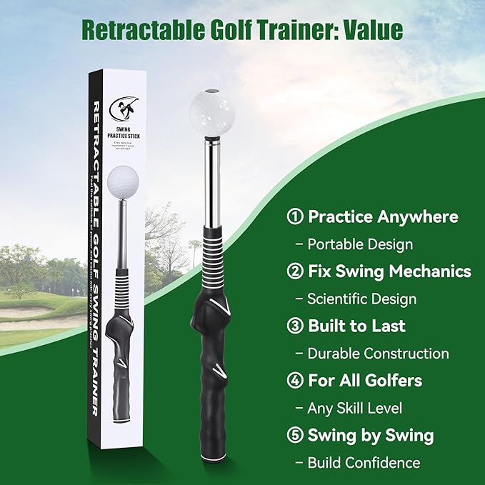Retractable Golf Swing Trainer - Golf Swing Training Aid,Golf Grip Trainer & Improve Swing Tempo | Click Stick Right-Handed Training Aid with Arm Band for All Golfers,Indoor & Outdoor Use