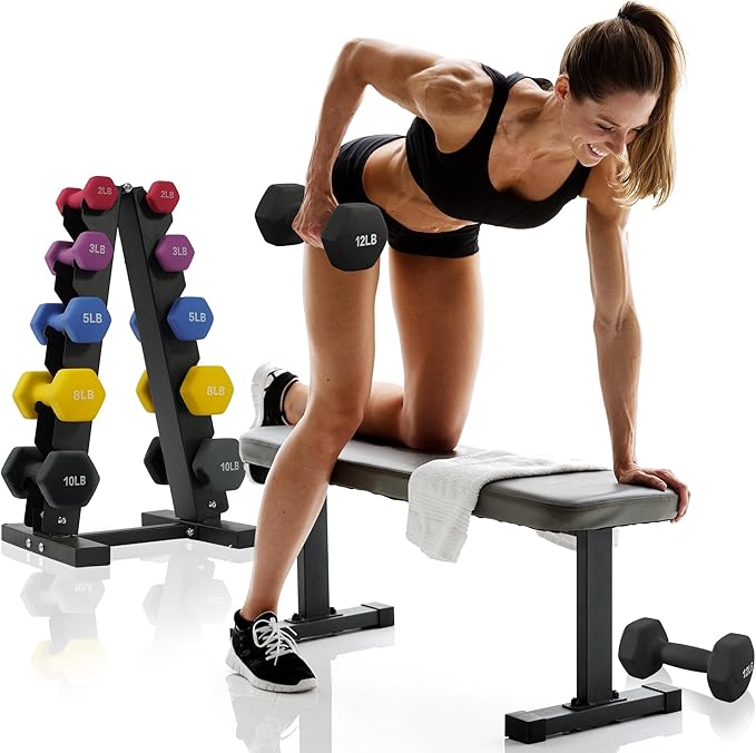 Neoprene Coated Dumbbell Set with Rack, Free Hand Weight Set For Home Gym Workout, Anti-Slip, Anti-roll, 20LBS, 32LBS, 50LBS and 56LBS Sets, Multiple Weight Options