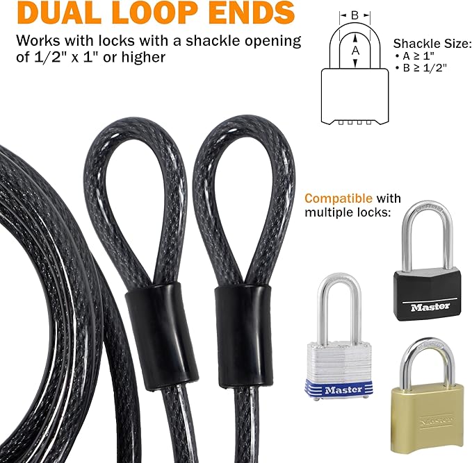 Lumintrail 10mm Heavy-Duty Security Cable, Vinyl Coated Braided Steel with Sealed Looped Ends (4', 7', 10', 15', or 30') (7-FT)