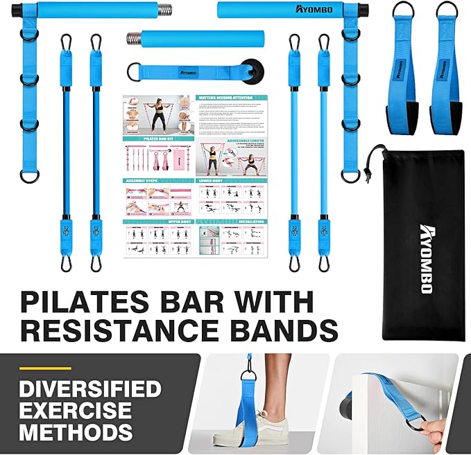 Pilates Bar Kit with Resistance Bands, Pilates Workout Equipment for Legs, Hip, Waist, Arm, Squats Exercise Equipment for Home Workouts, Adjustable 3-Section Pilates Bar Kit for Women & Men
