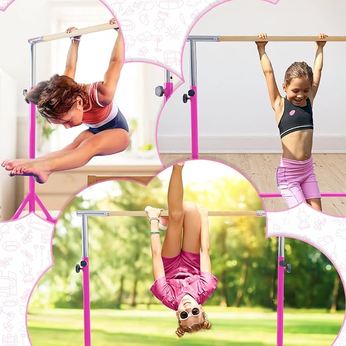 Kangaroo Hoppers Gymnastics Bar with Mat for Kids 3-15, Adjustable 35.4"-57.1" Gymnastics Horizontal Bars with Steel Frame at Home/Indoor Training, 260LBS (Pink)