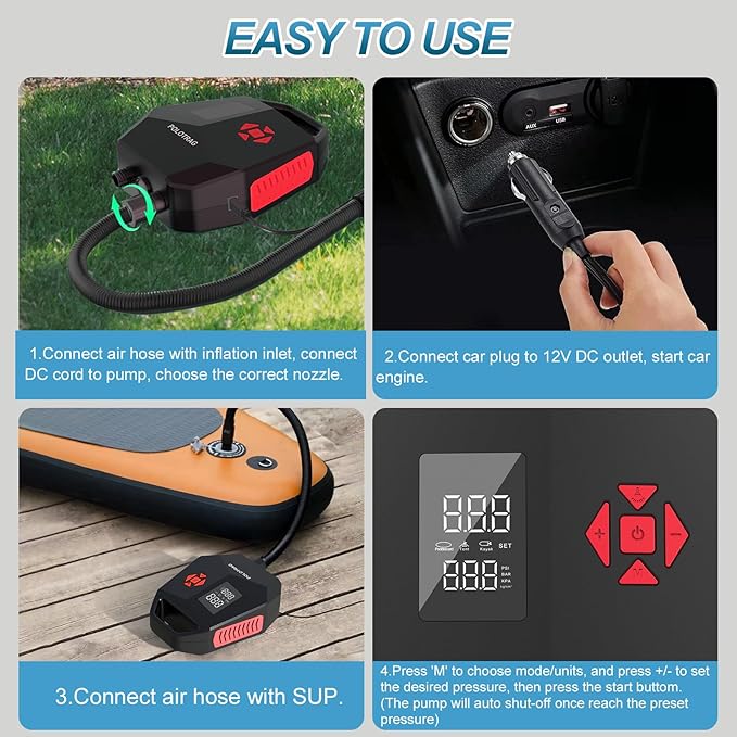 Paddle Board Pump, SUP Pump Electric Portable with Auto-Off/Deflation, 12V DC Car Connector Air Pump for Inflatables, Kayak and Air Mattress