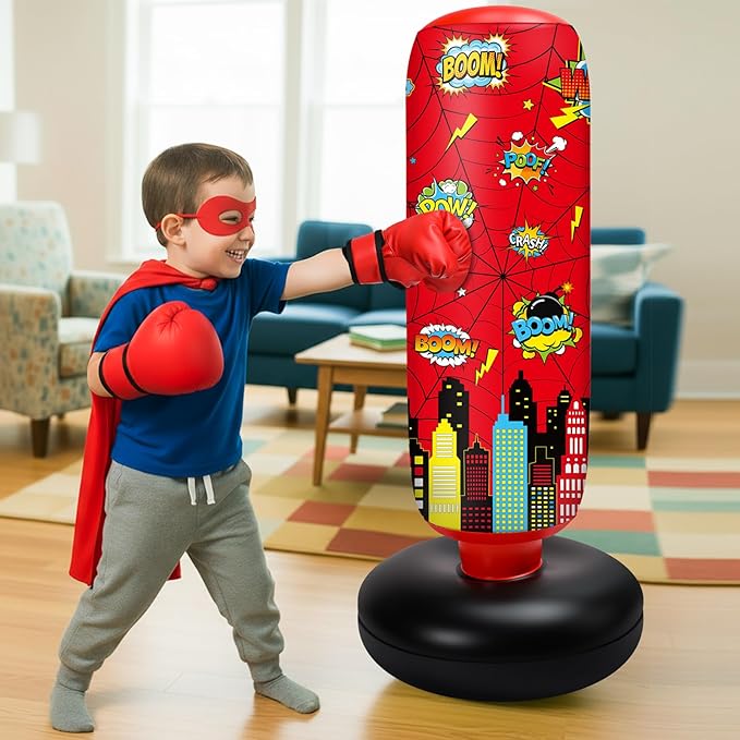 Jenaai Inflatable Punching Bag for Kids, 40" Spiderweb Punching Bag, Spiderweb Boxing Kit with Gloves and Air Pump for Daily Exercise, Family Time, Karate, Practice, Taekwondo