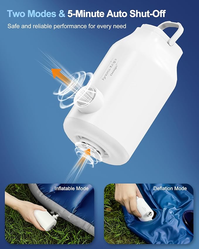 Portable Air Pump with Battery for Inflatables, 5 Nozzles, 350L/min Wind Speed & Camping Light – Quick Inflation & Deflation Mini Electric Air Pump for Air Mattresses, Air Bed, Swim Rings, Pool Floats