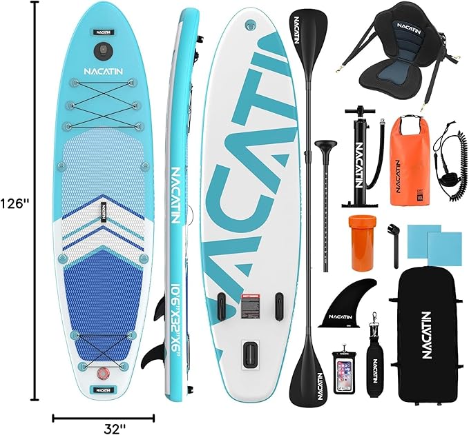 NACATIN Inflatable Stand Up Paddle Board with Kayak Seat,10'6"Upgrade Version Blow Up Paddle Boards for Adults with Premium SUP Accessories&Backpack,Adjustable Paddle,Camera Mount,Fins,Hand Pump