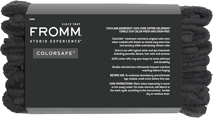 Fromm ColorSafe 100% Cotton Bleach Proof Salon Hair Towels, for Hairstylists, Barbers, Spa, Gym, Absorbent and Stain-Resistant Black Towels for Drying Long, Curly, or Wavy Hair, 16" x 29", 6 Pack