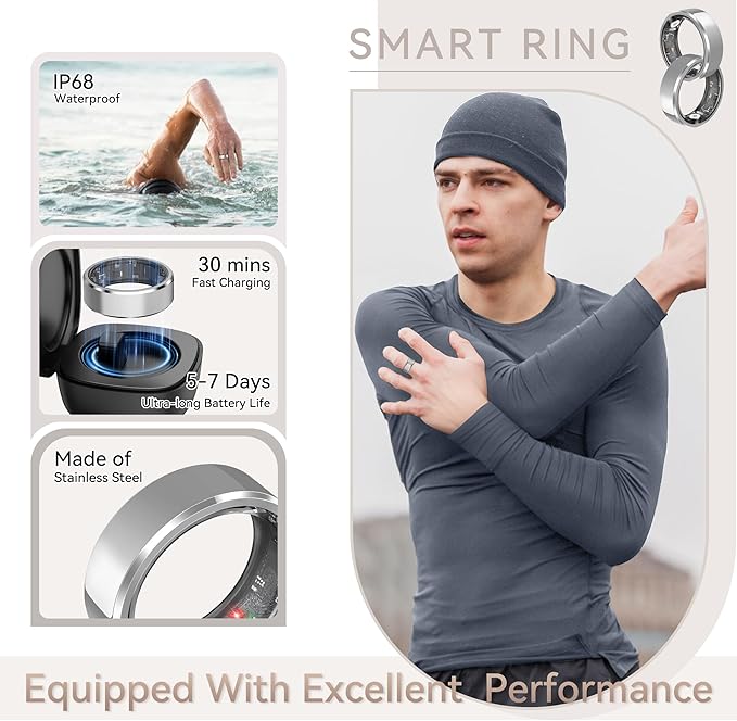 Health Smart Ring for Men Women, Fitness Tracker with Heart Rate/Blood Pressure/Blood Oxygen Monitor,Sleep Tracker,Pedometer, IP68 Waterproof Ring for iPhone&Android, No Subscription (Silver, Size9)