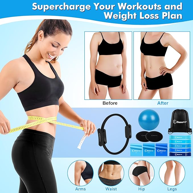 Pilates Ring Set Exercise Equipment with Exercise Bands Resistance Bands Set, Pilates Ball, Sliding Disks ā Workout Equipment Home Gym Includes Complete Fitness Poster