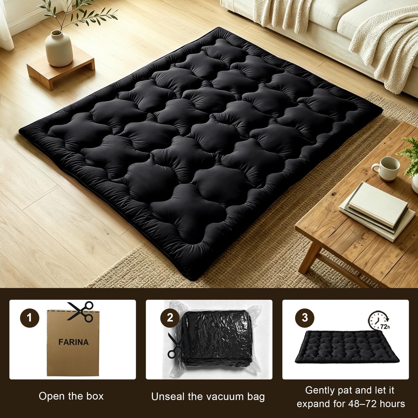FARINA Japanese Futon Mattress Floor Mattress, Twin Size Shredded Memory Foam Roll Up Foldable Tatami Mat, Portable Sleeping Pad for Living Room Guest Room (Black, Twin)