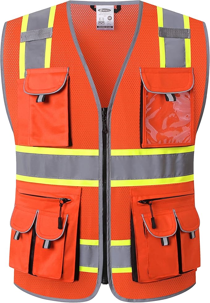 JKSafety 10 Pockets Hi-Vis Neon Color Frontal Zipper Mesh Safety Vest for Men Women Safety Utility for works Comply to ANSI/ISEA Class 2 (86-Orange M)