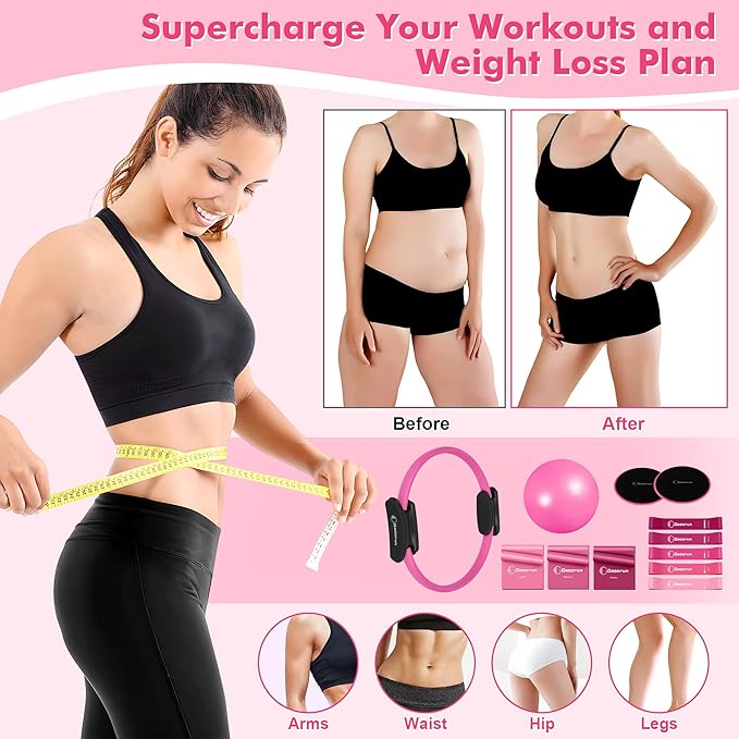 Pilates Ring Set Exercise Equipment with Exercise Bands Resistance Bands Set, Pilates Ball, Sliding Disks ā Workout Equipment Home Gym Includes Complete Fitness Poster