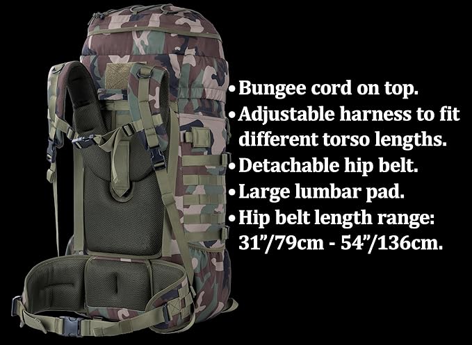 75L Large Tactical Backpack Military Ruchsack with Internal Frame, MOLLE, and Hydration System for Camping Backpacking Hiking