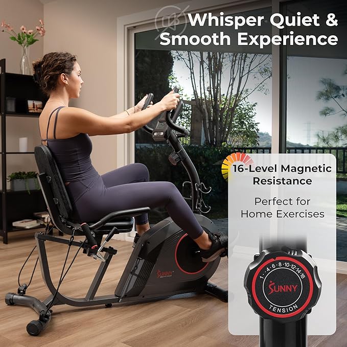 Sunny Health & Fitness Smart Heavy-Duty Recumbent Bike w/Wide Cushioned Seat & Back, Indoor Cycling Machine for Adult/Seniors Home Exercise, Free SunnyFit App Connect, Optional Workout Training Bands