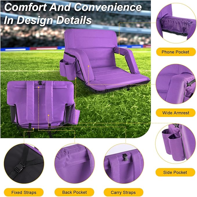 Stadium Seats with Back Support Wide, Exclusive Bleacher Chairs with Back and Cushion Folding Stadium Chairs, 6 Reclining Positions Waterproof Bleacher Seats with 2Hooks (Wide|22.5" Purple)