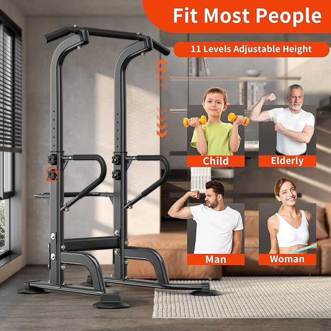 SogesHome Power Tower 11 Height Adjustable Pull Up Bar and Dip Station Multi-Function Strength Training Fitness Equipment for Home Office Gym