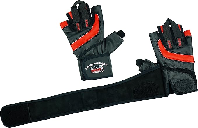 Epic Leather Gym Gloves with Built in 2" Wide Wrist Wraps Grip & Design for Weightlifting Power Lifting Bodybuilding & Strength Training Workout Exercises, Size : Large 8 1/8" - 8 1/2"