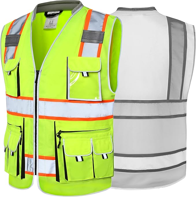 JKSafety 10 Pockets Class 2 Hi-Vis Zipper Front Yellow Safety Vest | Cushioned Collar | High Reflective Tapes with Extended Neon Orange Strips | Meets ANSI/ISEA Standards (5X-Large, 89-Yellow)