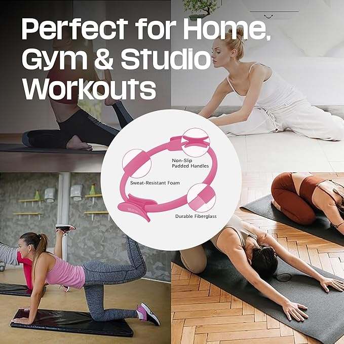 Premium Pilates Ring Fitness Circle - Lightweight Durable Foam Padded Handles, Flexible Resistance Exercise Equipment for Toning Arms, Thighs, Legs & Core