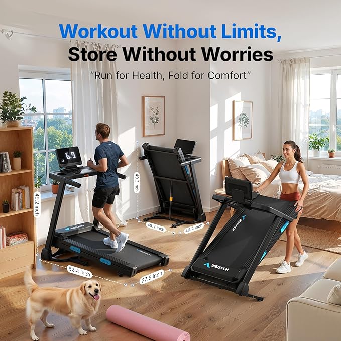 MERACH Foldable Treadmill with Incline, 7.5MPH Quiet Treadmills for Home with Double Deck Technology, 4 Silicone Shock Cushion, Heart Rate Monitoring,16.5" Wider Belt, APP