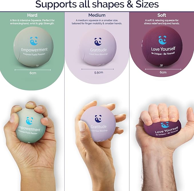 Mind & Body Stress Balls for Adults - Triple Density Squeeze Balls for Hand Therapy & Grip Strengthening - Stress & Anxiety Relief - Physical Therapy Support - Soft, Medium, Hard Gel Core