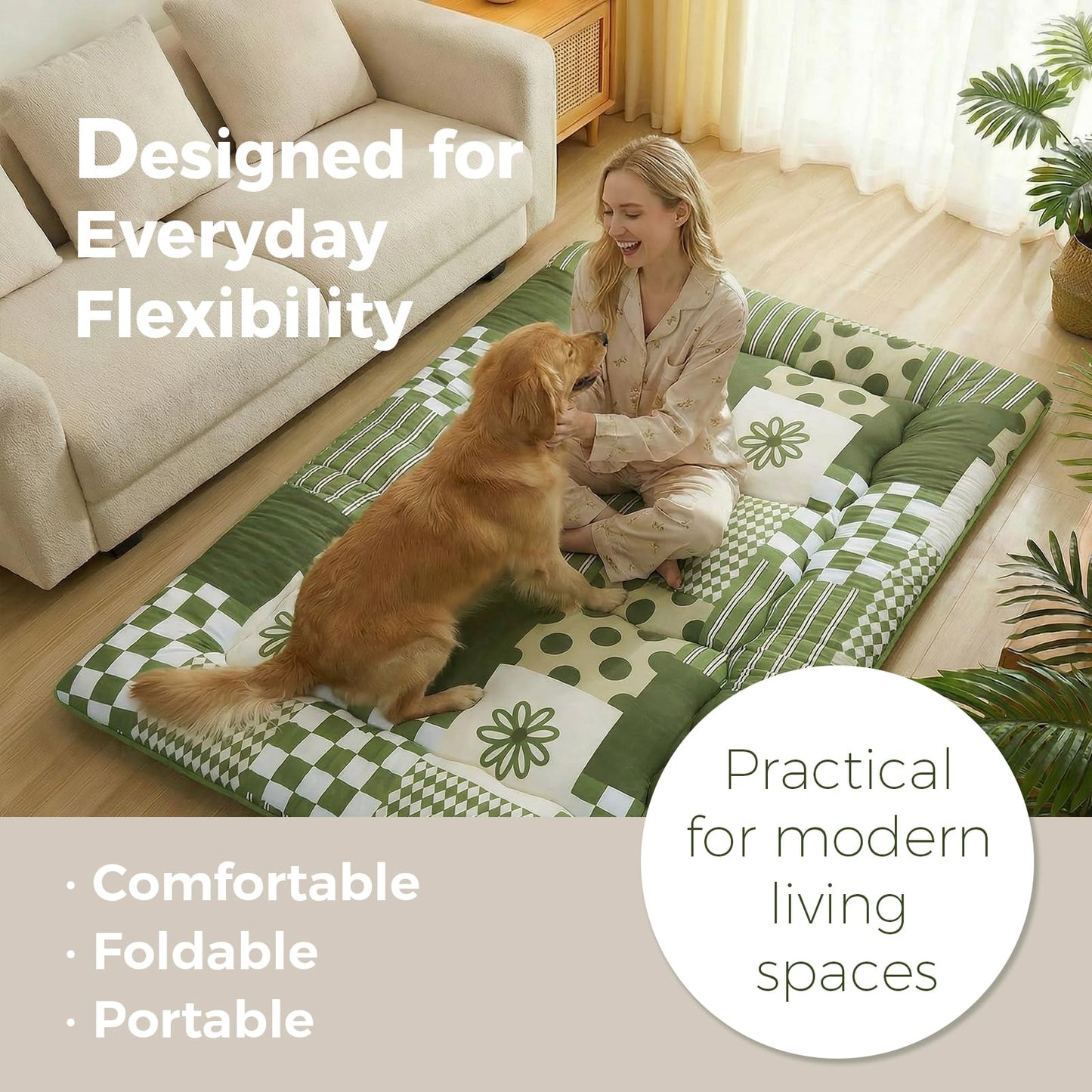 XICIKIN 2.5" Japanese Floor Mattress, Foldable Floor Mattress with Washable Cover Japanese Futon for Camping, Guest (Green Checkerboard, Full)